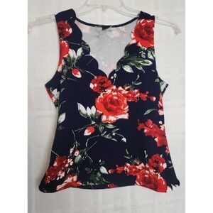 Shen Red Rose On Blue Floral Tank Sleeveless V Neck Tank Top Blouse Size Medium8